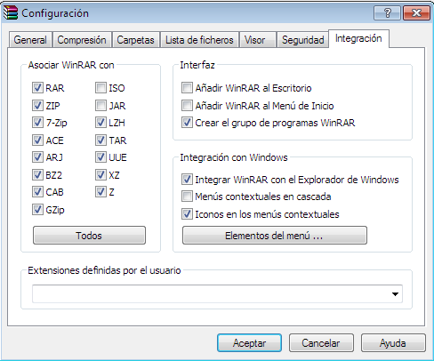 Configuración de WinRAR